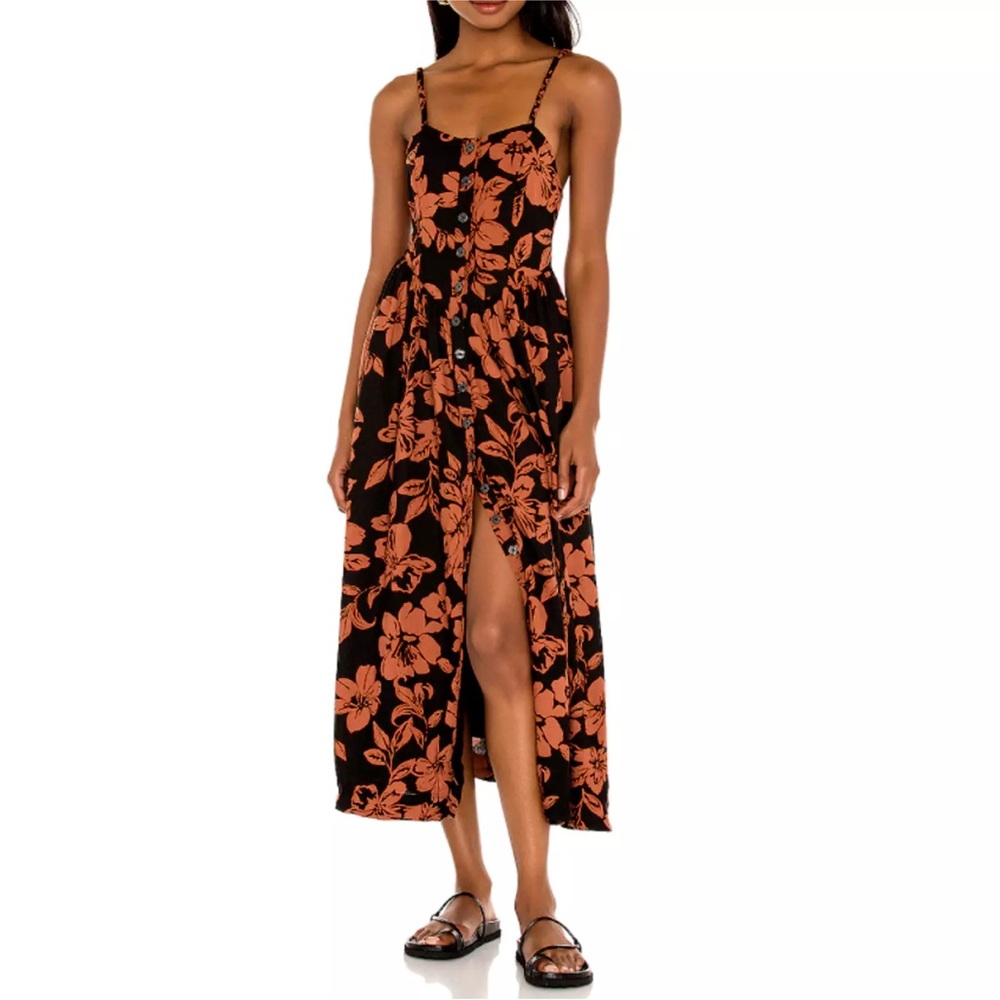 FREE PEOPLE perfect Sundress Black Brown Floral Button Down Dress XLarge NWT